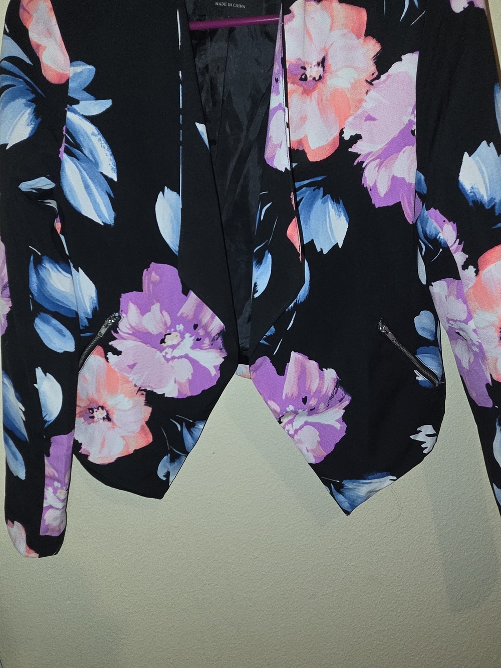 Love Tree Black Floral Open-Front Blazer with Pink & Purple Blooms